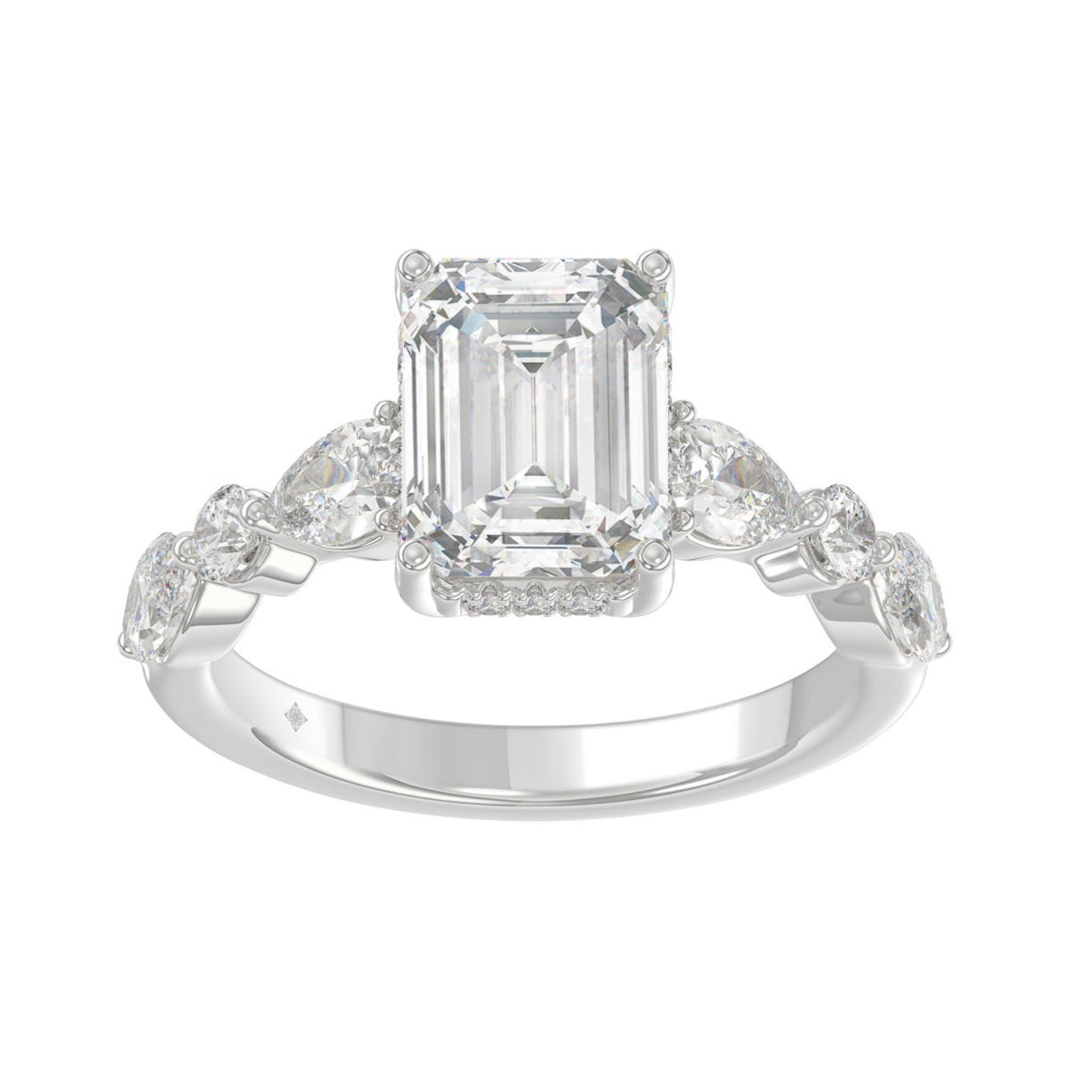 14K White Gold Emerald Cut Diamond Classic Bridal Ring for Ladies 4.00CT with Pear Round &amp; Marquise Diamond 3.00CT Emerald Center stone (Color F-G -Clarity VS1/VS2)