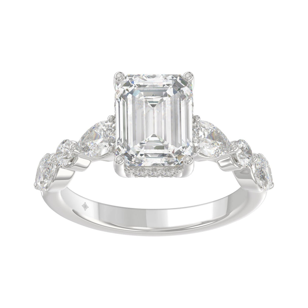14K White Gold Emerald Cut Diamond Classic Bridal Ring for Ladies 4.00CT with Pear Round &amp; Marquise Diamond 3.00CT Emerald Center stone (Color F-G -Clarity VS1/VS2)