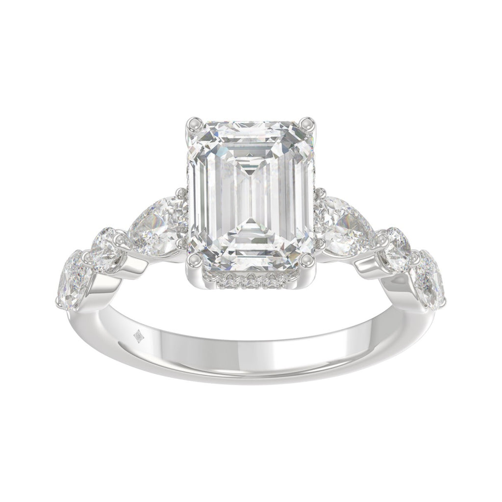 14K White Gold Emerald Cut Diamond Classic Bridal Ring for Ladies 4.00CT with Pear Round &amp; Marquise Diamond 3.00CT Emerald Center stone (Color F-G -Clarity VS1/VS2)