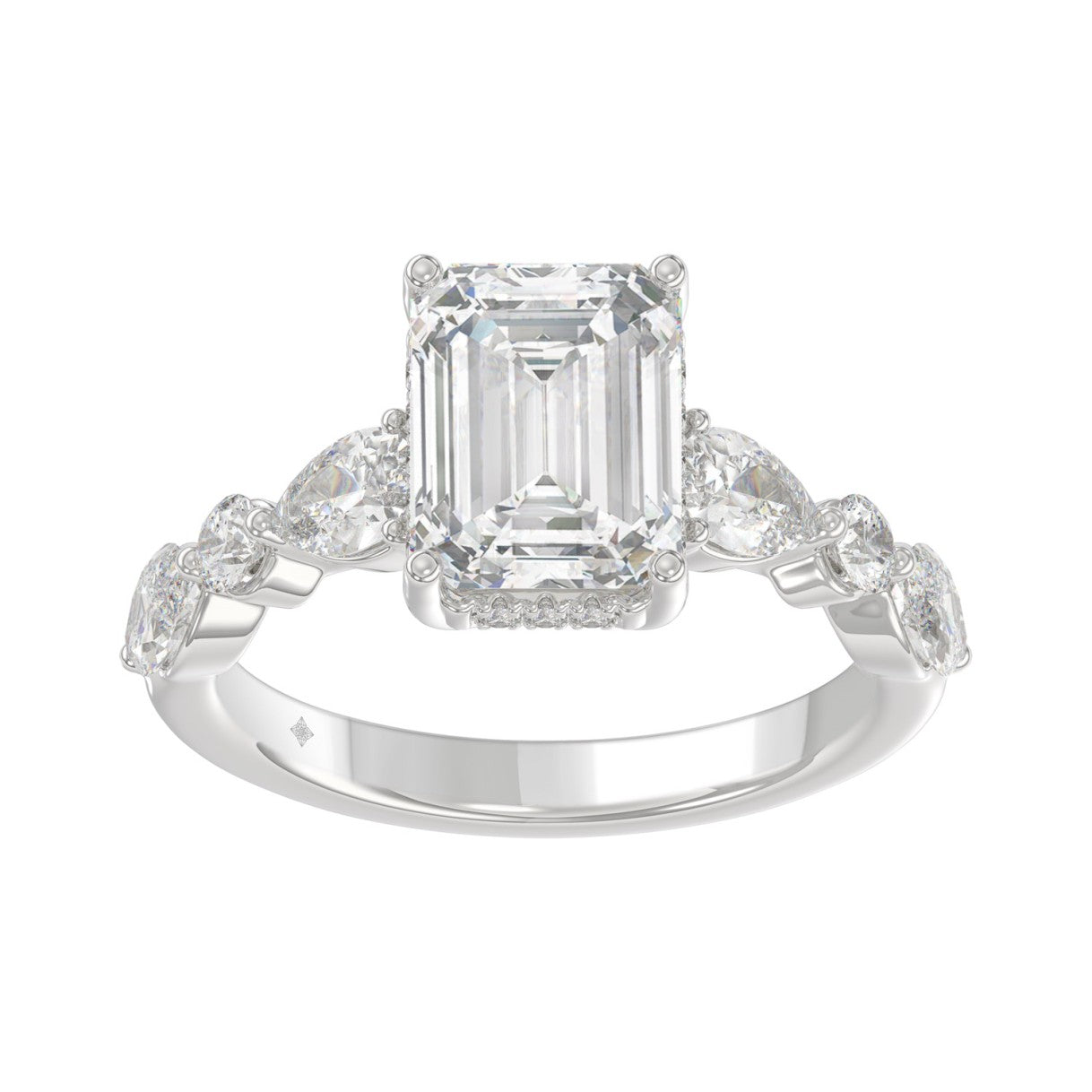 14K White Gold Emerald Cut Diamond Classic Bridal Ring for Ladies 4.00CT with Pear Round &amp; Marquise Diamond 3.00CT Emerald Center stone (Color F-G -Clarity VS1/VS2)