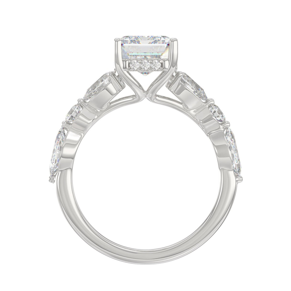 14K White Gold Emerald Cut Diamond Classic Bridal Ring for Ladies 4.00CT with Pear Round &amp; Marquise Diamond 3.00CT Emerald Center stone (Color F-G -Clarity VS1/VS2)