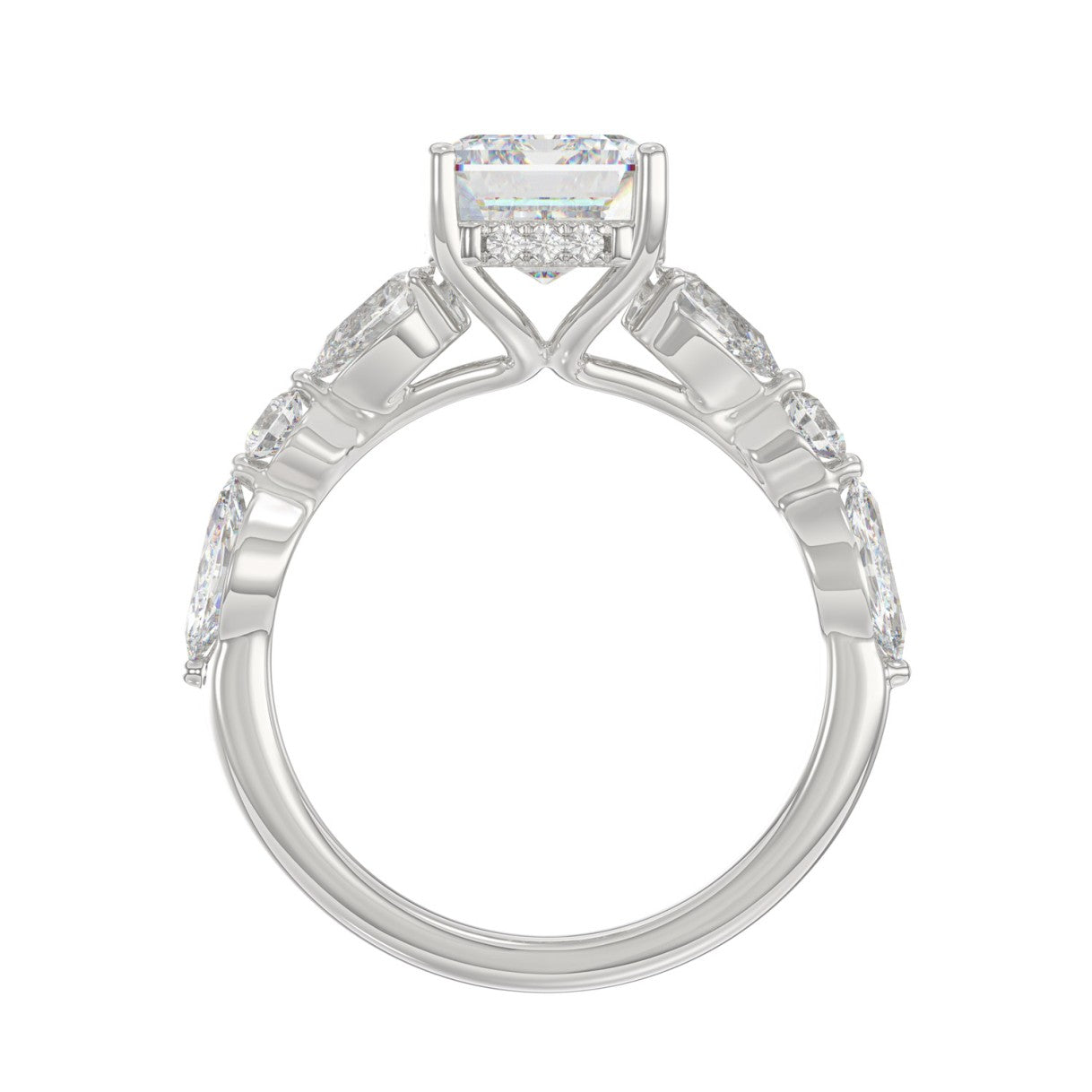 14K White Gold Emerald Cut Diamond Classic Bridal Ring for Ladies 4.00CT with Pear Round &amp; Marquise Diamond 3.00CT Emerald Center stone (Color F-G -Clarity VS1/VS2)