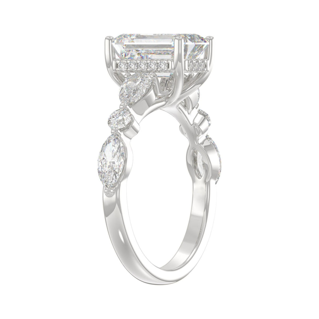 14K White Gold Emerald Cut Diamond Classic Bridal Ring for Ladies 4.00CT with Pear Round &amp; Marquise Diamond 3.00CT Emerald Center stone (Color F-G -Clarity VS1/VS2)