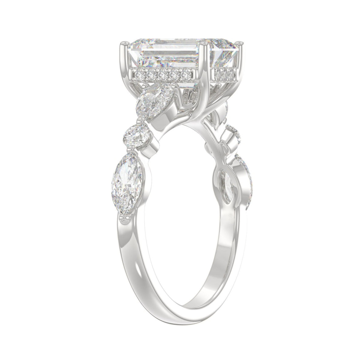 14K White Gold Emerald Cut Diamond Classic Bridal Ring for Ladies 4.00CT with Pear Round &amp; Marquise Diamond 3.00CT Emerald Center stone (Color F-G -Clarity VS1/VS2)