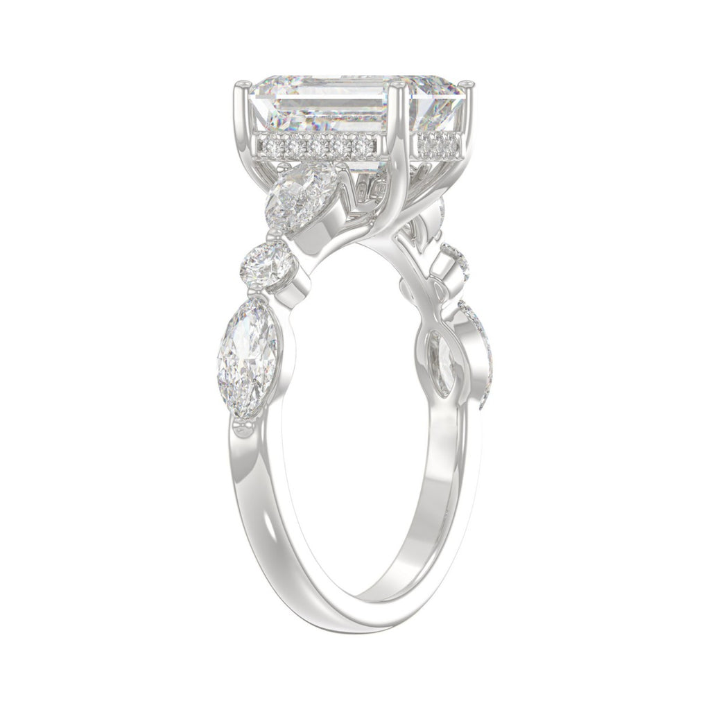 14K White Gold Emerald Cut Diamond Classic Bridal Ring for Ladies 4.00CT with Pear Round &amp; Marquise Diamond 3.00CT Emerald Center stone (Color F-G -Clarity VS1/VS2)
