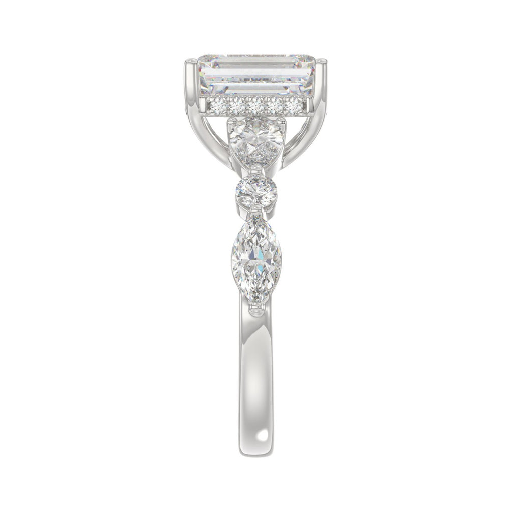 14K White Gold Emerald Cut Diamond Classic Bridal Ring for Ladies 4.00CT with Pear Round &amp; Marquise Diamond 3.00CT Emerald Center stone (Color F-G -Clarity VS1/VS2)