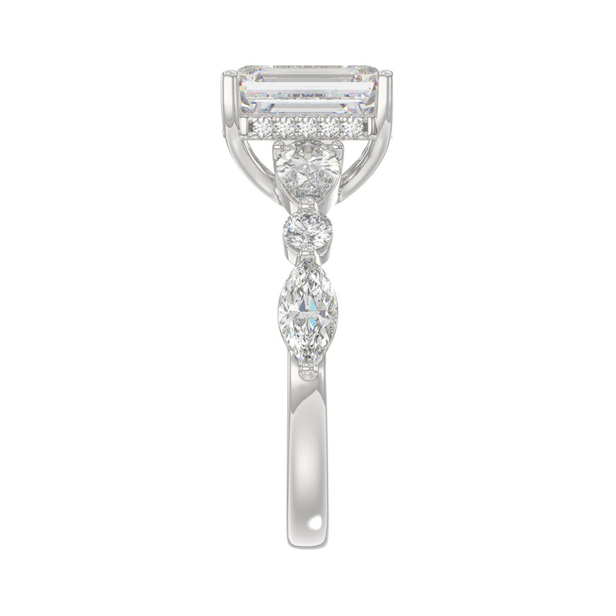 14K White Gold Emerald Cut Diamond Classic Bridal Ring for Ladies 4.00CT with Pear Round &amp; Marquise Diamond 3.00CT Emerald Center stone (Color F-G -Clarity VS1/VS2)
