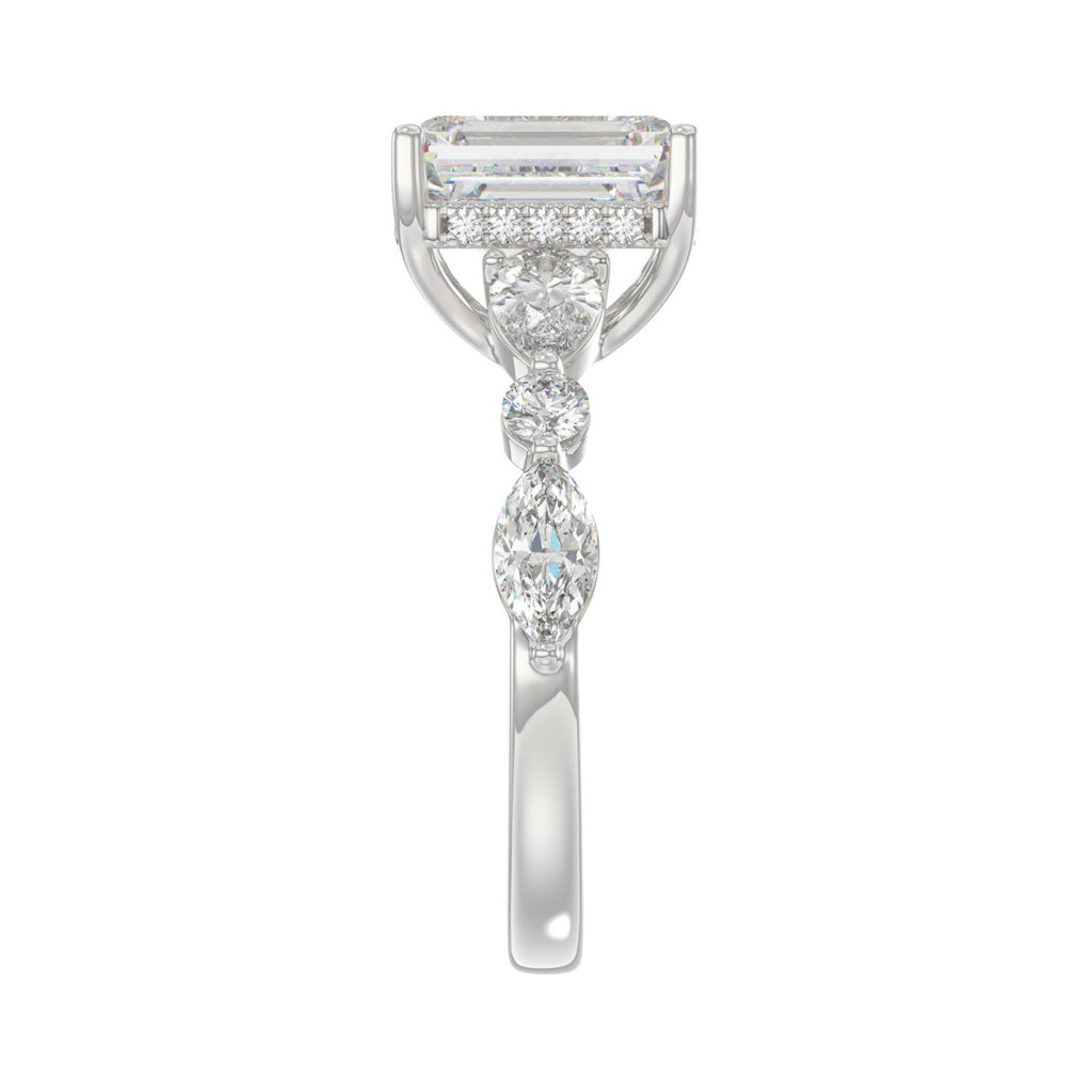 14K White Gold Emerald Cut Diamond Classic Bridal Ring for Ladies 4.00CT with Pear Round &amp; Marquise Diamond 3.00CT Emerald Center stone (Color F-G -Clarity VS1/VS2)