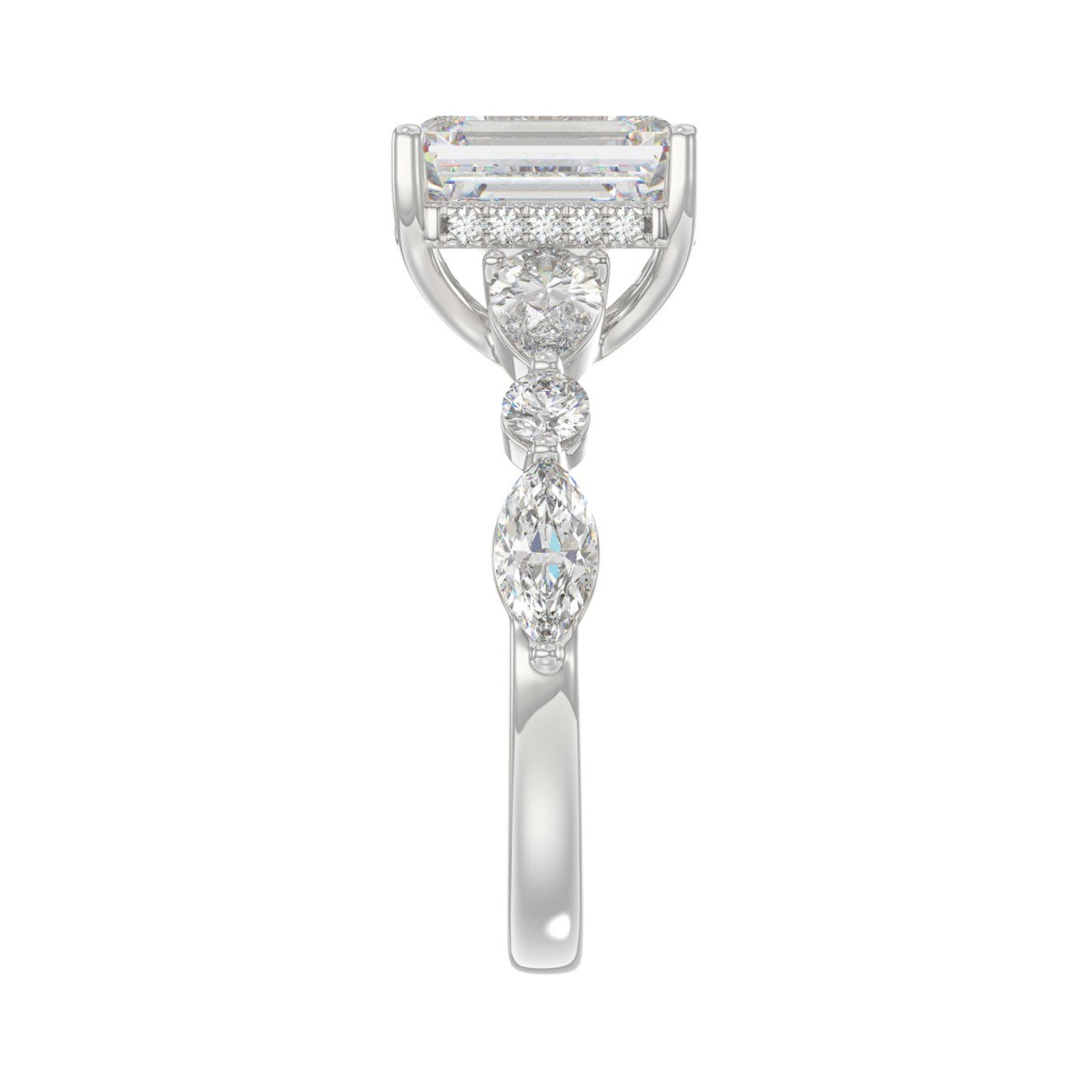 14K White Gold Emerald Cut Diamond Classic Bridal Ring for Ladies 4.00CT with Pear Round &amp; Marquise Diamond 3.00CT Emerald Center stone (Color F-G -Clarity VS1/VS2)