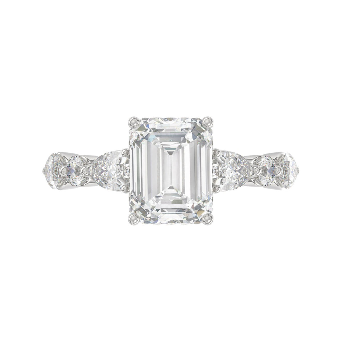14K White Gold Emerald Cut Diamond Classic Bridal Ring for Ladies 4.00CT with Pear Round &amp; Marquise Diamond 3.00CT Emerald Center stone (Color F-G -Clarity VS1/VS2)