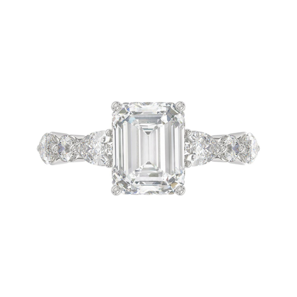 14K White Gold Emerald Cut Diamond Classic Bridal Ring for Ladies 4.00CT with Pear Round &amp; Marquise Diamond 3.00CT Emerald Center stone (Color F-G -Clarity VS1/VS2)