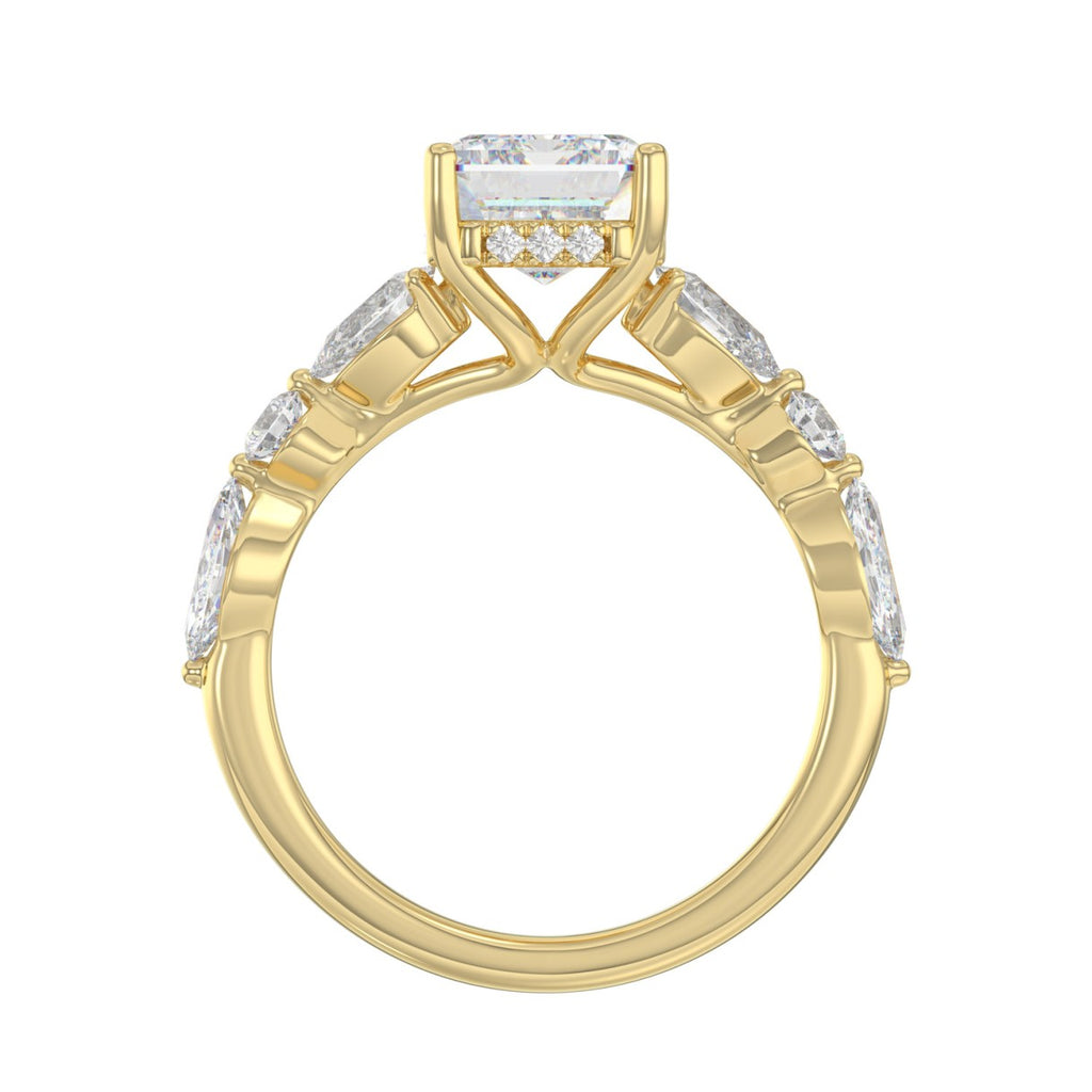14K Yellow Gold Emerald Cut Diamond Classic Bridal Ring for Ladies 4.00CT with Pear Round &amp; Marquise Diamond 3.00CT Emerald Center stone (Color F-G -Clarity VS1/VS2)