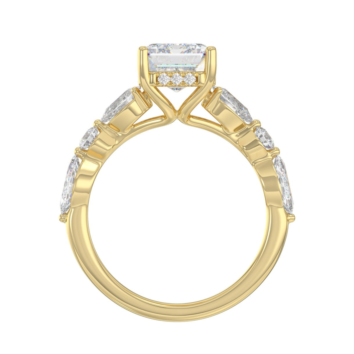 14K Yellow Gold Emerald Cut Diamond Classic Bridal Ring for Ladies 4.00CT with Pear Round &amp; Marquise Diamond 3.00CT Emerald Center stone (Color F-G -Clarity VS1/VS2)