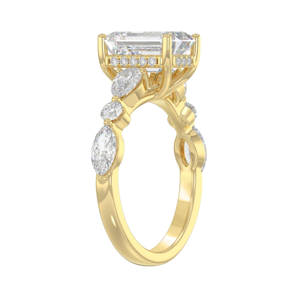 14K Yellow Gold Emerald Cut Diamond Classic Bridal Ring for Ladies 4.00CT with Pear Round &amp; Marquise Diamond 3.00CT Emerald Center stone (Color F-G -Clarity VS1/VS2)