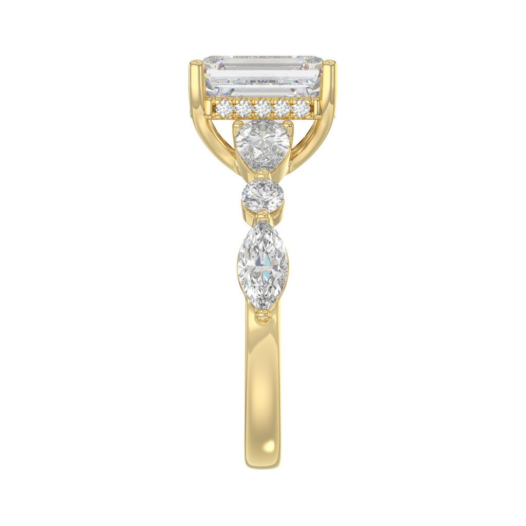 14K Yellow Gold Emerald Cut Diamond Classic Bridal Ring for Ladies 4.00CT with Pear Round &amp; Marquise Diamond 3.00CT Emerald Center stone (Color F-G -Clarity VS1/VS2)