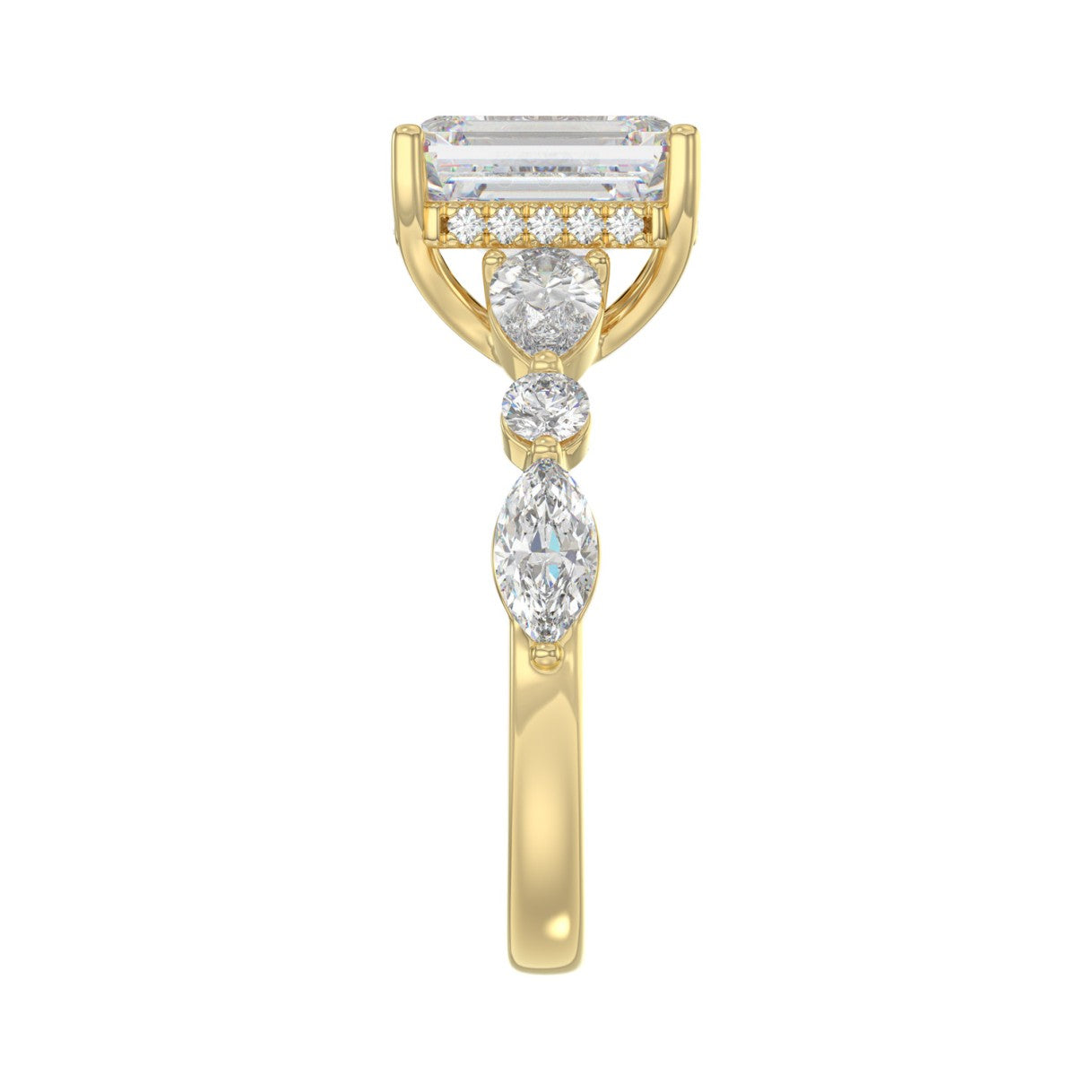 14K Yellow Gold Emerald Cut Diamond Classic Bridal Ring for Ladies 4.00CT with Pear Round &amp; Marquise Diamond 3.00CT Emerald Center stone (Color F-G -Clarity VS1/VS2)