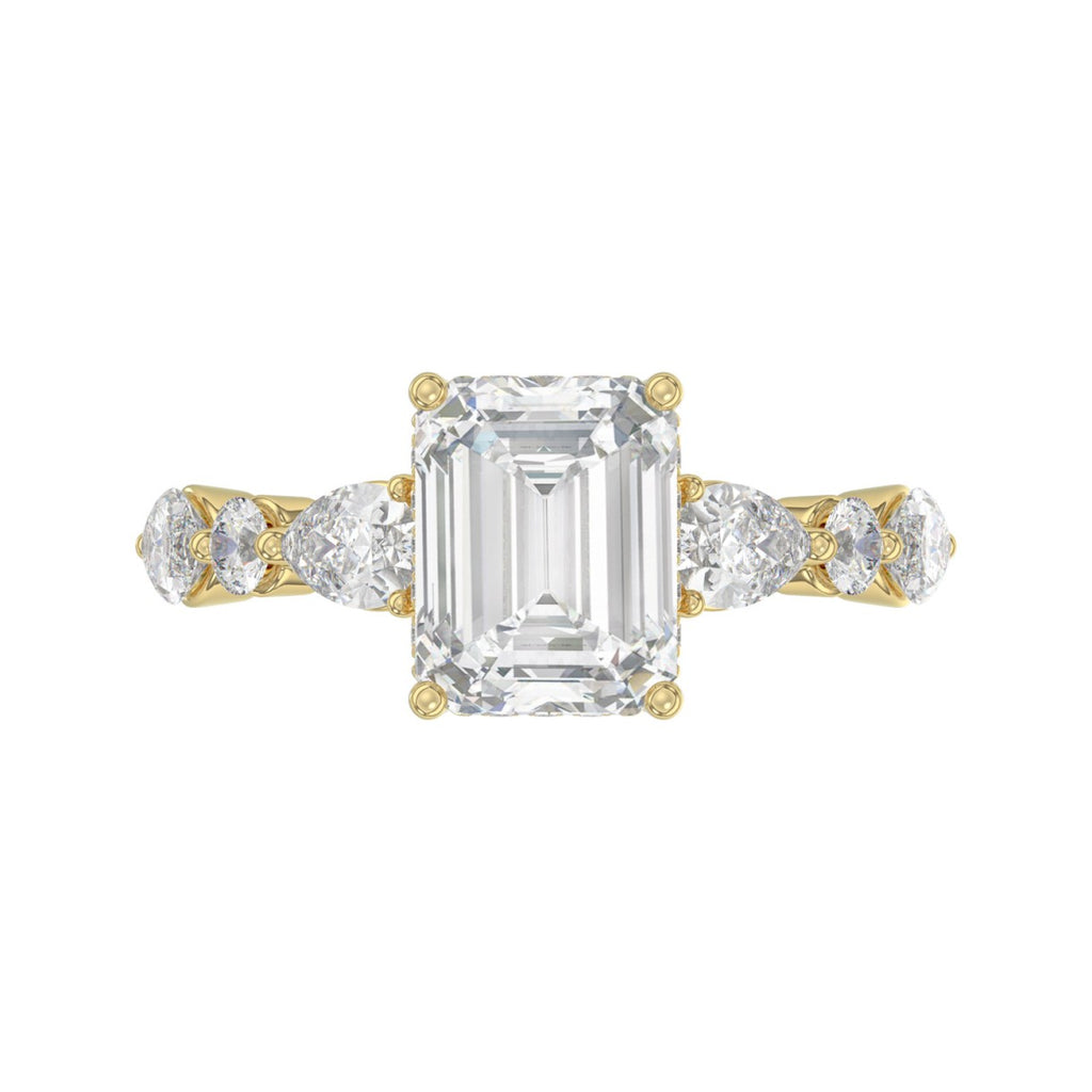 14K Yellow Gold Emerald Cut Diamond Classic Bridal Ring for Ladies 4.00CT with Pear Round &amp; Marquise Diamond 3.00CT Emerald Center stone (Color F-G -Clarity VS1/VS2)
