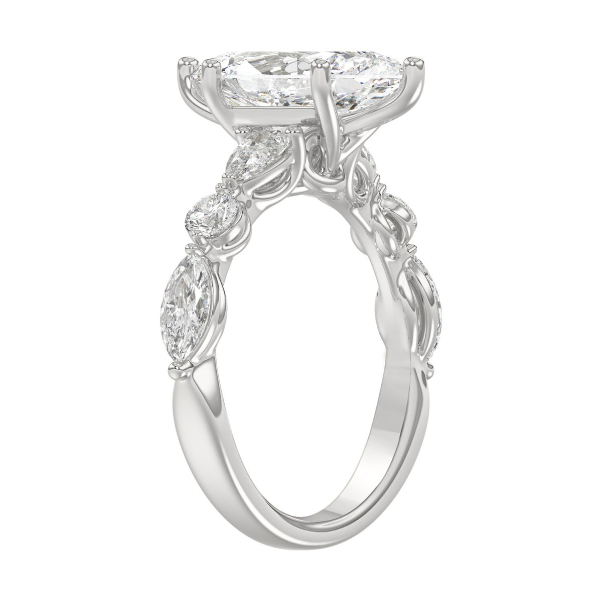 14K White Gold  Bridal Fashion Ring for Ladies 4CT Round &amp; Marquise&amp; Pear Cut Diamonds 3.00CT Marquise Center stone (Color F-G -Clarity VS1/VS2)