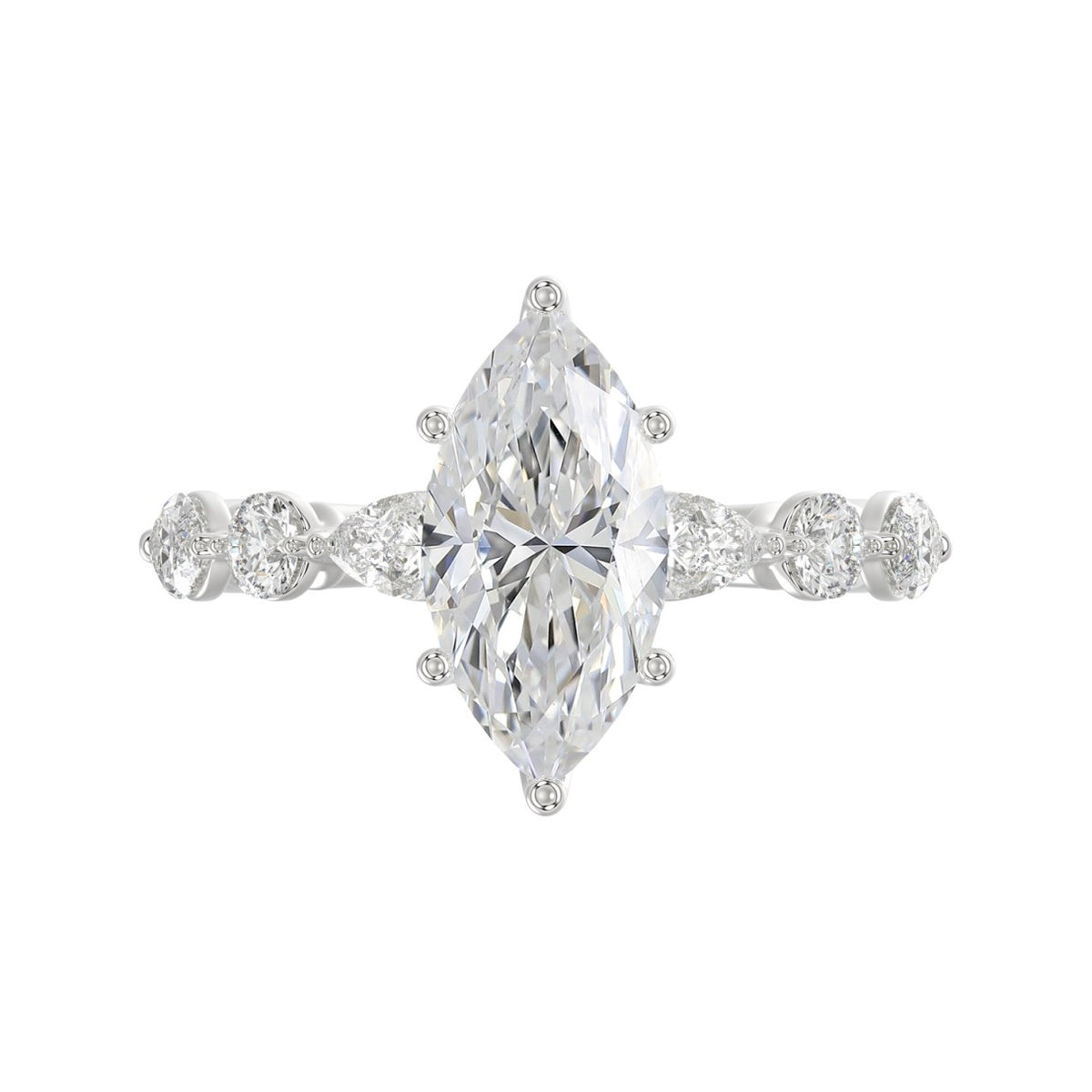 14K White Gold  Bridal Fashion Ring for Ladies 4CT Round &amp; Marquise&amp; Pear Cut Diamonds 3.00CT Marquise Center stone (Color F-G -Clarity VS1/VS2)
