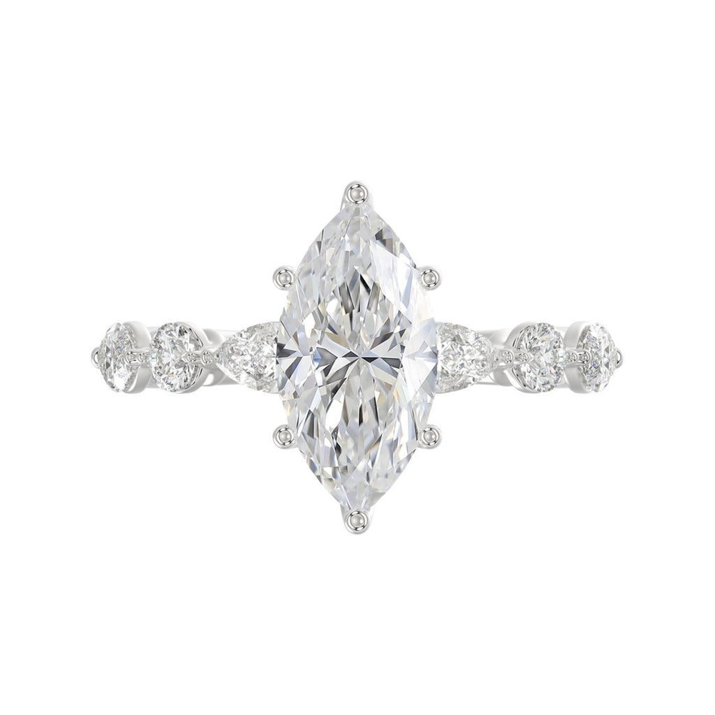 14K White Gold  Bridal Fashion Ring for Ladies 4CT Round &amp; Marquise&amp; Pear Cut Diamonds 3.00CT Marquise Center stone (Color F-G -Clarity VS1/VS2)
