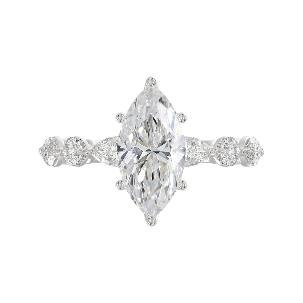 14K White Gold  Bridal Fashion Ring for Ladies 4CT Round &amp; Marquise&amp; Pear Cut Diamonds 3.00CT Marquise Center stone (Color F-G -Clarity VS1/VS2)