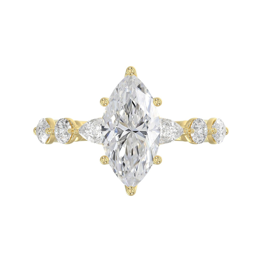 14K Yellow Gold  Bridal Fashion Ring for Ladies 4CT Round &amp; Marquise&amp; Pear Cut Diamonds 3.00CT Marquise Center stone (Color F-G -Clarity VS1/VS2)