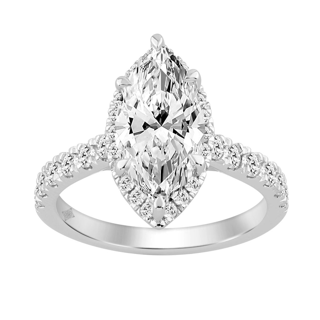 Luxury 14K White Gold 3 3/4Ct Round & Marquise Diamond Halo Ring Elegant Bridal Engagement Ring For Women 3Ct Marquise Center Stone (Color F-G -Clarity Vs1/Vs2)