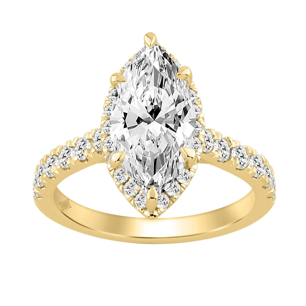 Luxury 14K Yellow Gold 3 3/4Ct Round & Marquise Diamond Halo Ring Elegant Bridal Engagement Ring For Women 3Ct Marquise Center Stone (Color F-G -Clarity Vs1/Vs2)