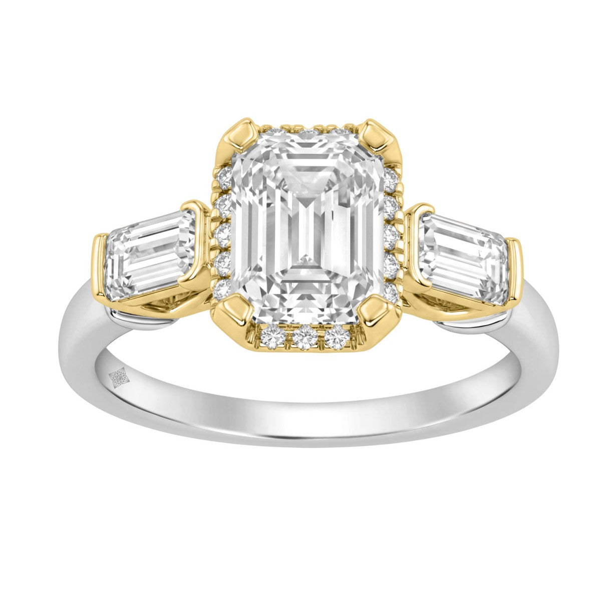 14K White/Yellow Gold 2 3/4Ct Round & Emerald Cut Lab-Grown Diamond Three-Stone Ladies Engagement Bridal Ring 2Ct Emerald Center Stone (Color F-G -Clarity Vs1/Vs2)
