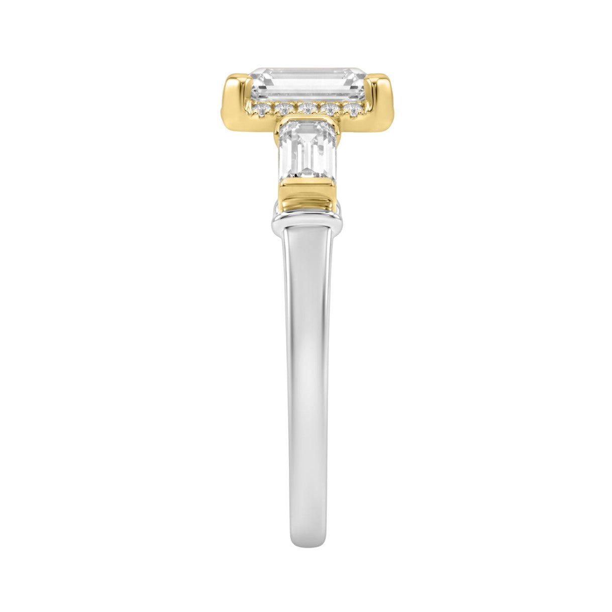 14K White/Yellow Gold 2 3/4Ct Round & Emerald Cut Lab-Grown Diamond Three-Stone Ladies Engagement Bridal Ring 2Ct Emerald Center Stone (Color F-G -Clarity Vs1/Vs2)