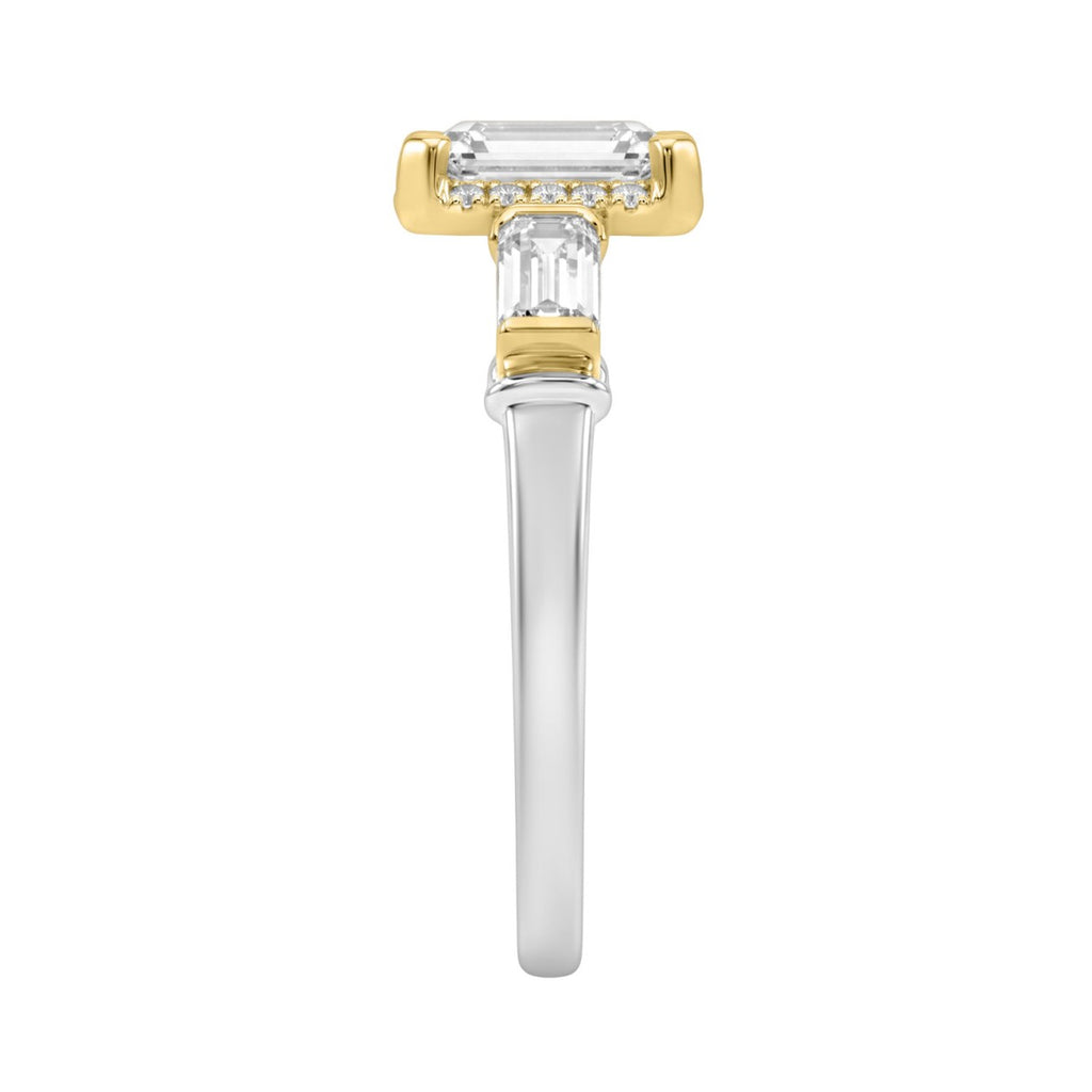 14K White/Yellow Gold 2 3/4Ct Round & Emerald Cut Lab-Grown Diamond Three-Stone Ladies Engagement Bridal Ring 2Ct Emerald Center Stone (Color F-G -Clarity Vs1/Vs2)
