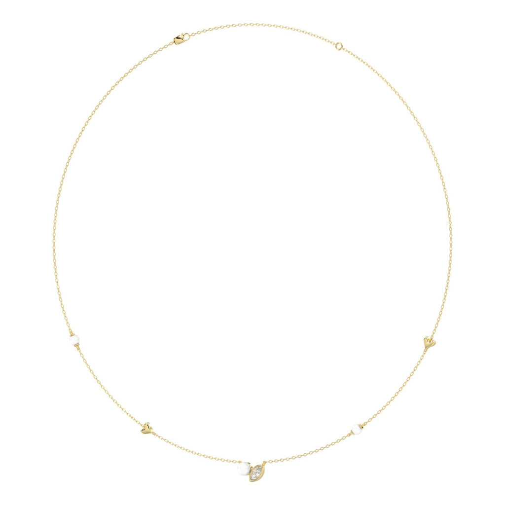 10K Yellow Gold Pearl &amp; Ladies Necklace 1/5CT  Marquise Diamonds (Color F-G -Clarity VS1/VS2)