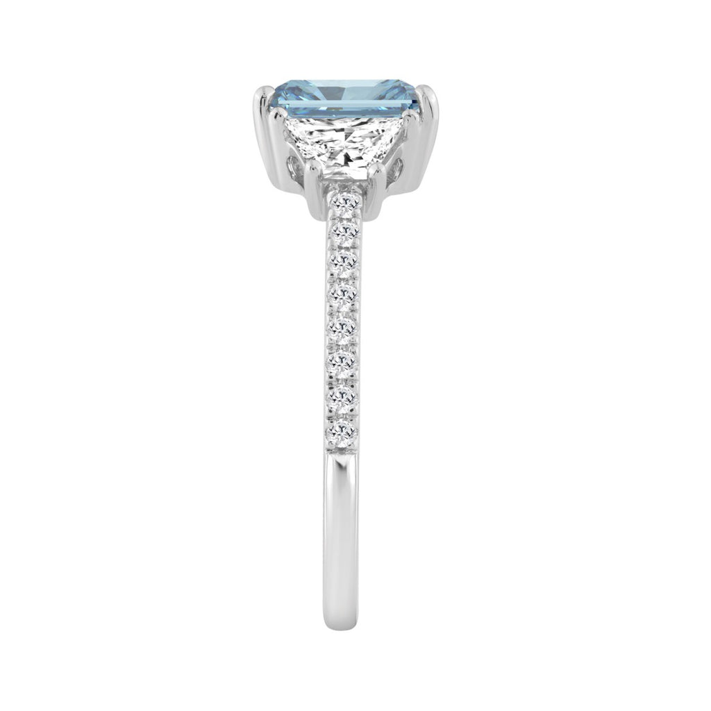 14K White Gold  1 1/2CT Trapezoid/Round/Radiant Cut Blue Diamond Three-Stone Engagement  Ladies Ring 1.00CT Radiant Center stone (Color F-G -Clarity VS1/VS2)