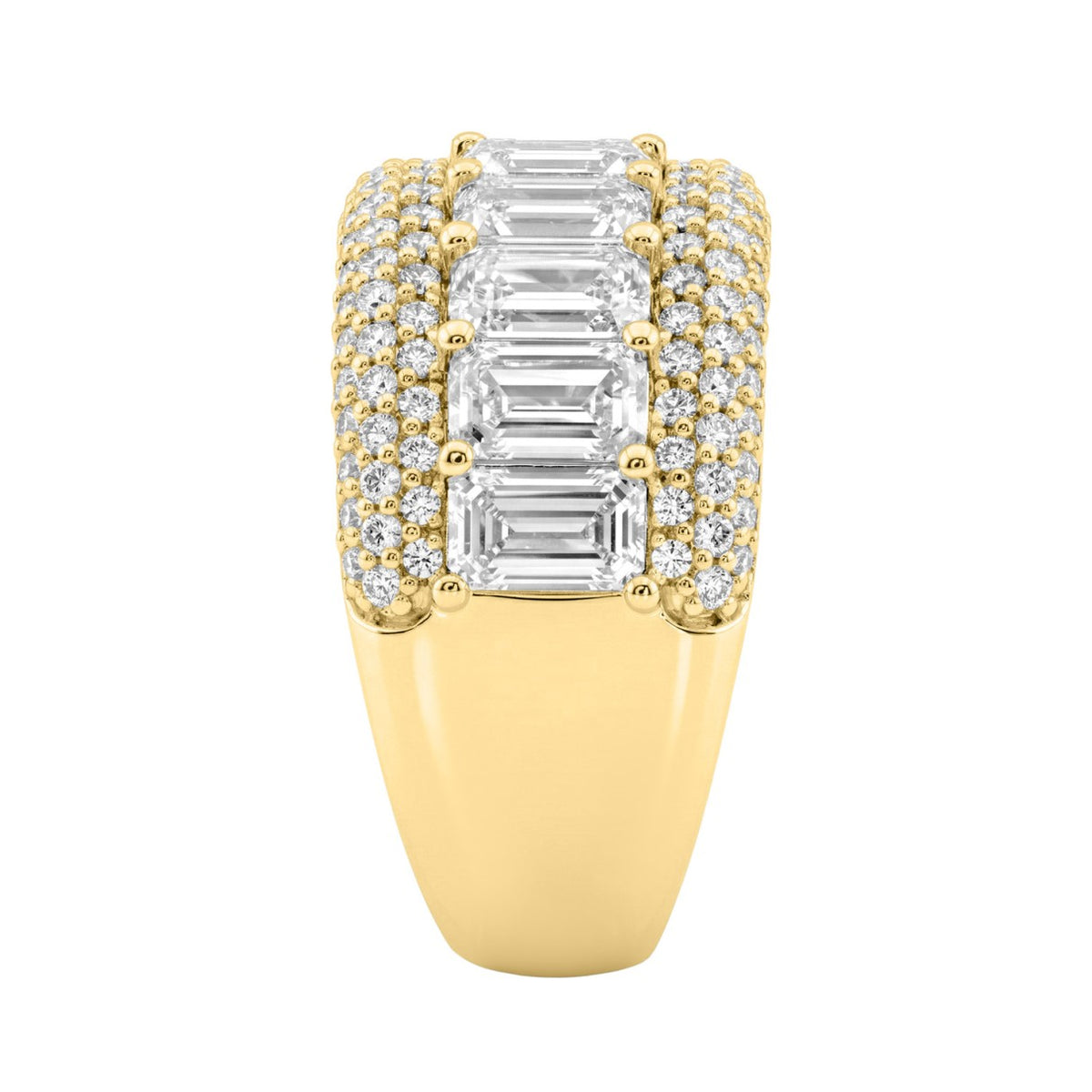 Elegant 14K Yellow Gold Ladies Ladies Ring 3 1/4Ct Round & Emerald Cut Diamonds