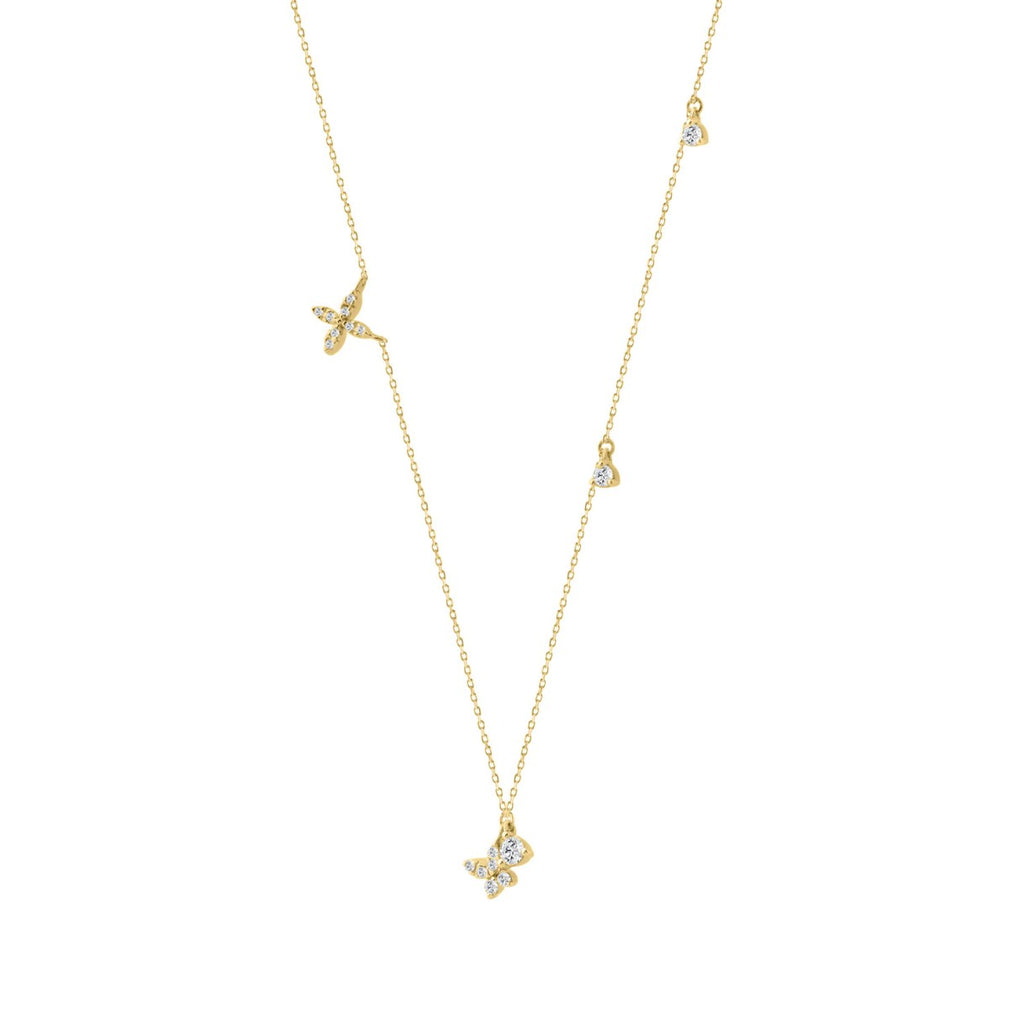 Elegant 10K Yellow Gold 1/3Ct Ladies Necklace Round Diamond Accents Butterfly And Star Charms