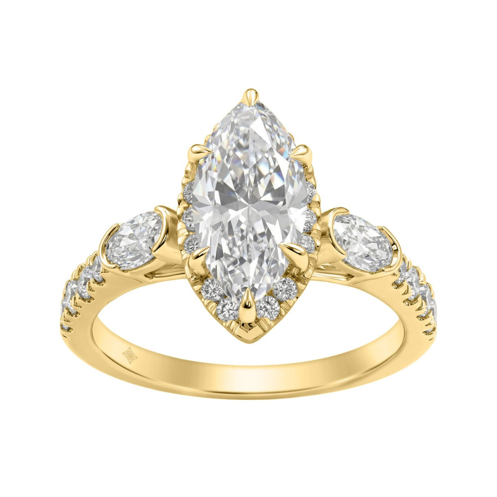 Luxury 14K Yellow Gold 3.00 Ct Marquise, Oval And Round Diamond Halo Bridal Engagement Ring For Women 2Ct Marquise Center Stone (Color F-G -Clarity Vs1/Vs2)