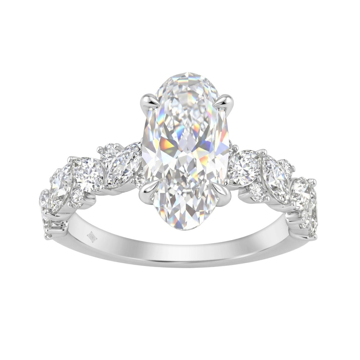 14K White Gold 3.00Ct Diamond Engagement Ring For Women 2.00Ct Elongated Oval Center Stone With Marquise & Round Side Stones, Luxury Bridal Ring (Color F-G -Clarity Vs1/Vs2)