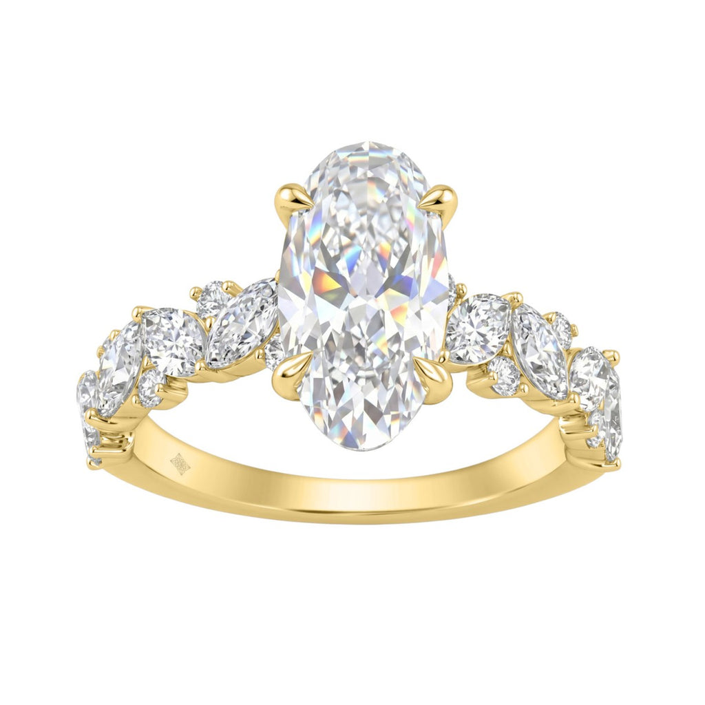 14K Yellow Gold 3.00Ct Diamond Engagement Ring For Women 2.00Ct Elongated Oval Center Stone With Marquise & Round Side Stones, Luxury Bridal Ring (Color F-G -Clarity Vs1/Vs2)