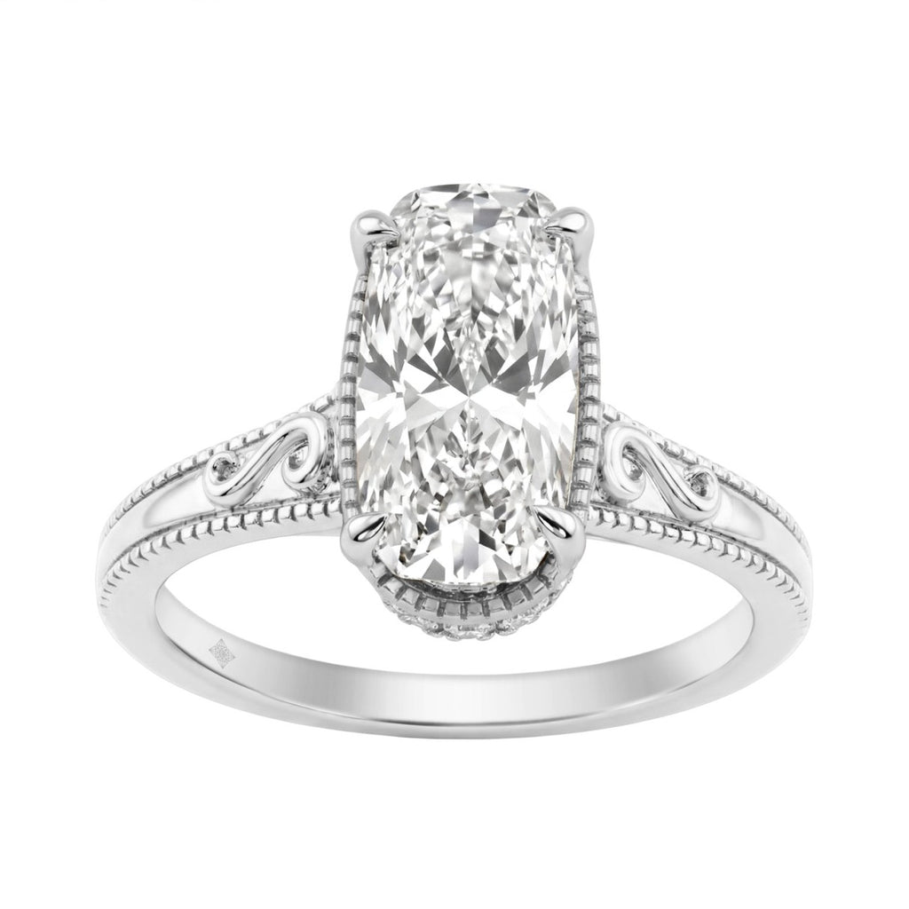 LADIES 14K White Gold 2 1/6Ct Diamond Engagement Ring Elongated Cushion Cut Center With Round Side Stones, Elegant Fine Ring 2Ct Cushion Center Stone (Color F-G -Clarity Vs1/Vs2)