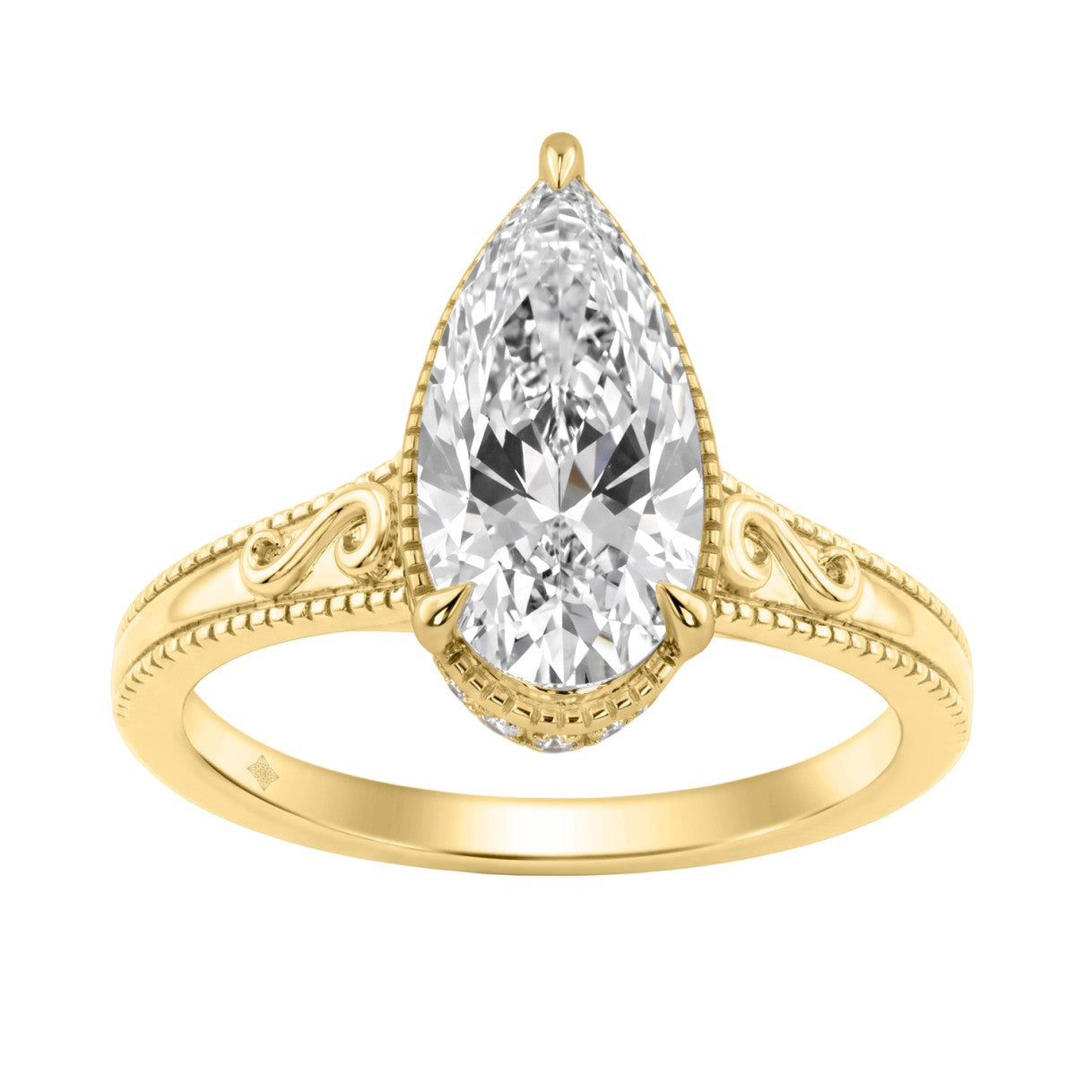 Luxury 14K Yellow Gold 2 1/6Ct Elongated Pear-Shaped Diamond Hidden Halo Ladies Engagement Ring With Round Diamonds 2Ct Pear Center Stone (Color F-G -Clarity Vs1/Vs2)