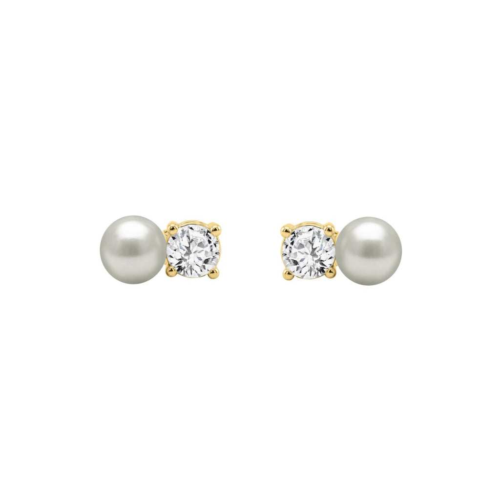 LADIES FASHION  EARRINGS 1/4CT ROUND DIAMOND & PEARL 10K YELLOW GOLD  (COLOR F-G  CLARITY VS1/VS2)