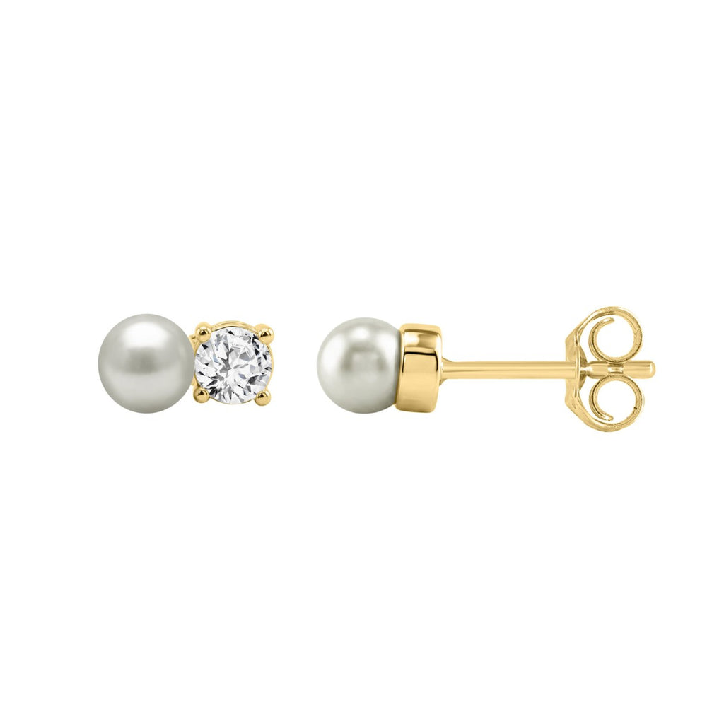 LADIES FASHION  EARRINGS 1/4CT ROUND DIAMOND & PEARL 10K YELLOW GOLD  (COLOR F-G  CLARITY VS1/VS2)