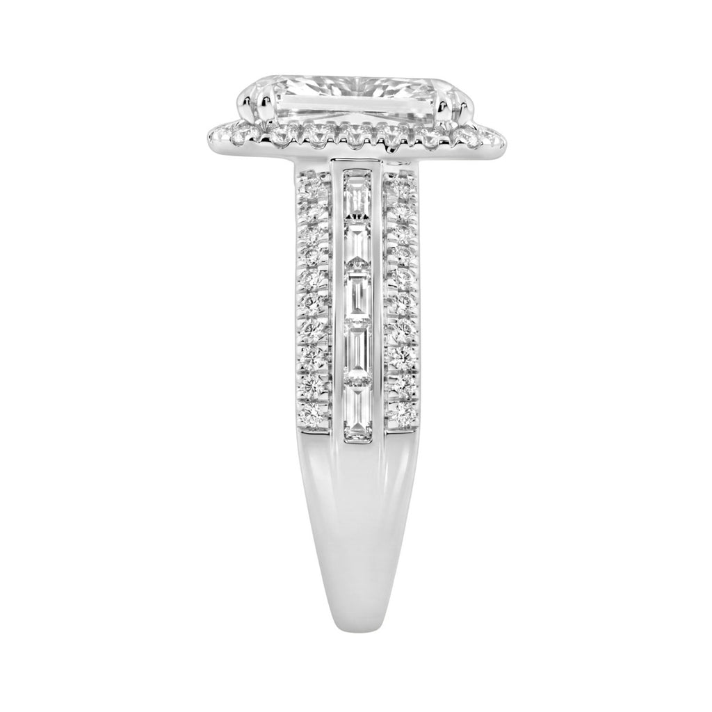 14K White Gold 3.00 Ct Diamond Halo Engagement Ring For Women Elongated 2Ct Cushion Cut Center Stone With Round & Baguette Side Stones, Luxury Bridal Ring (Color F-G -Clarity Vs1/Vs2)
