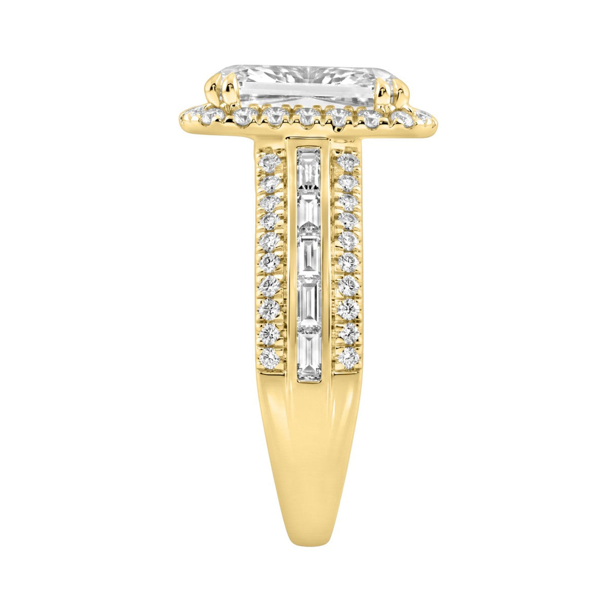 14K Yellow Gold 3.00 Ct Diamond Halo Engagement Ring For Women Elongated 2Ct Cushion Cut Center Stone With Round & Baguette Side Stones, Luxury Bridal Ring (Color F-G -Clarity Vs1/Vs2)