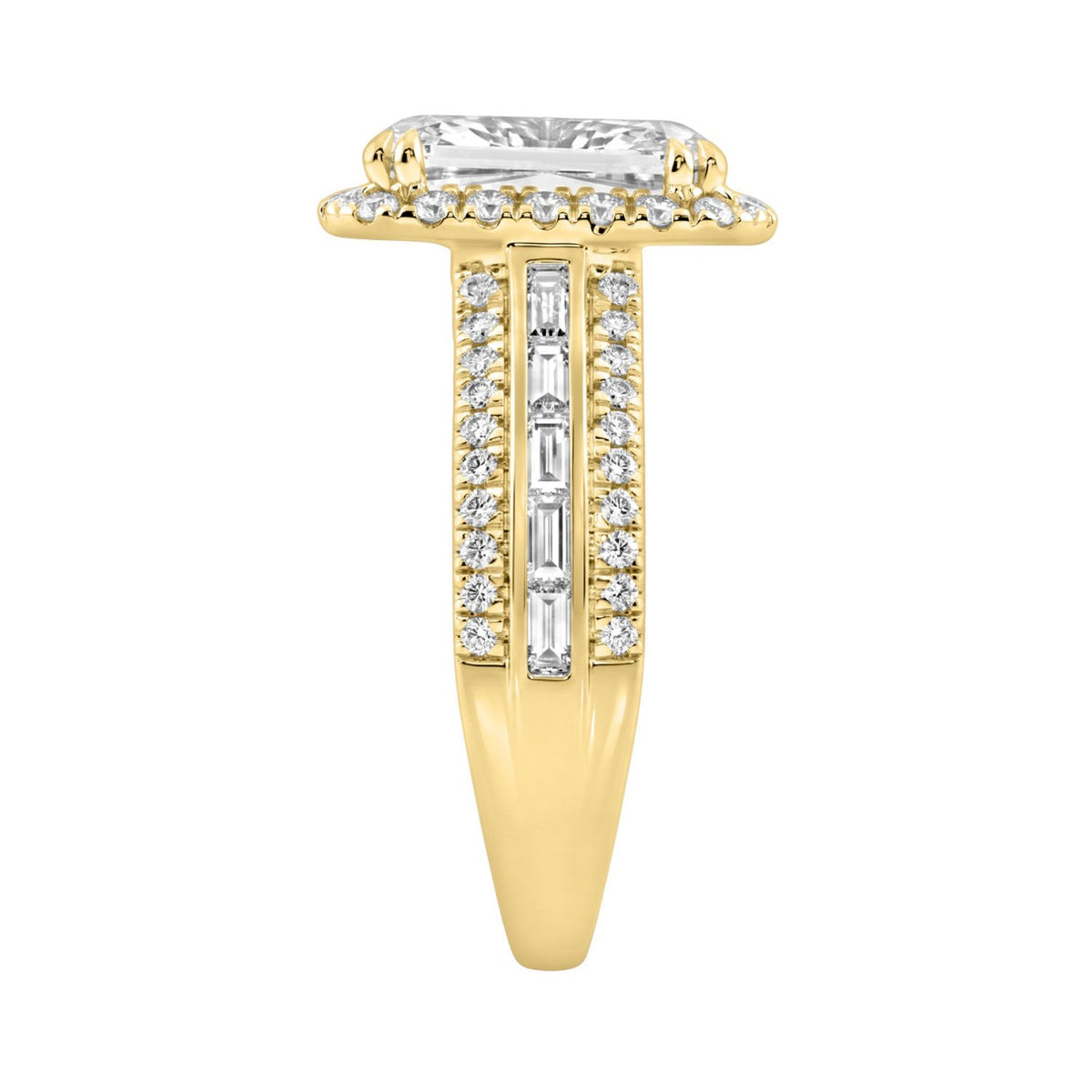 14K Yellow Gold 3.00 Ct Diamond Halo Engagement Ring For Women Elongated 2Ct Cushion Cut Center Stone With Round & Baguette Side Stones, Luxury Bridal Ring (Color F-G -Clarity Vs1/Vs2)