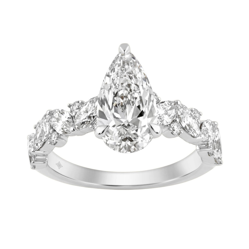 14K White Gold 3.00 Ct Diamond Halo Engagement Ring For Women Elongated 2Ct Pear Cut Center Stone With Round &amp; Marquise Side Stones, Luxury Bridal Ring (Color F-G -Clarity Vs1/Vs2)