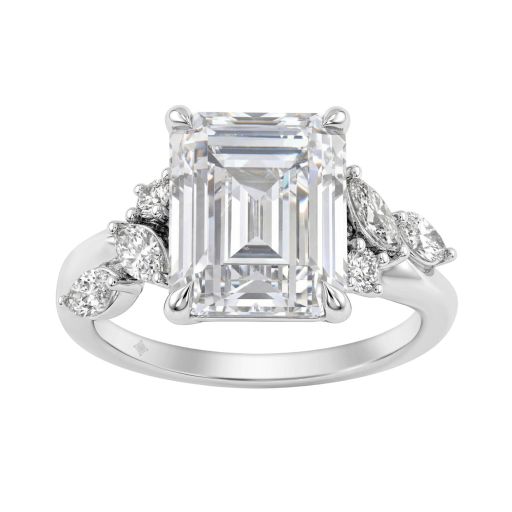 Luxury 14K White Gold 5 1/2Ct Lab-Grown Diamond Ring 5Ct Emerald Center With Marquise &amp; Round Side Stones For Women Engagement Ring (Color F-G -Clarity Vs1/Vs2)