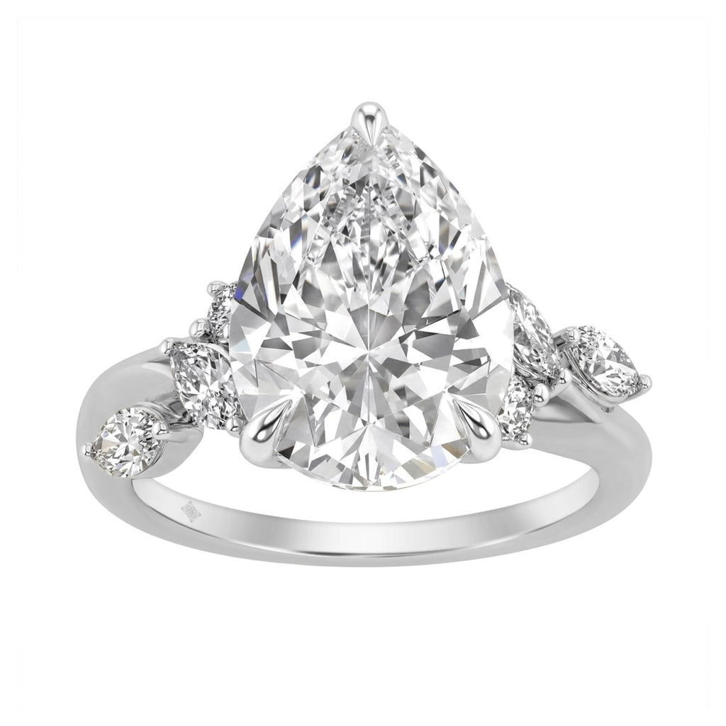 14K White Gold 5 1/2Ct Lab-Grown Diamond Engagement Ring For Women 5Ct Pear Center Stone With Marquise/Round Side Stones, Luxury Bridal Ring (Color F-G -Clarity Vs1/Vs2)