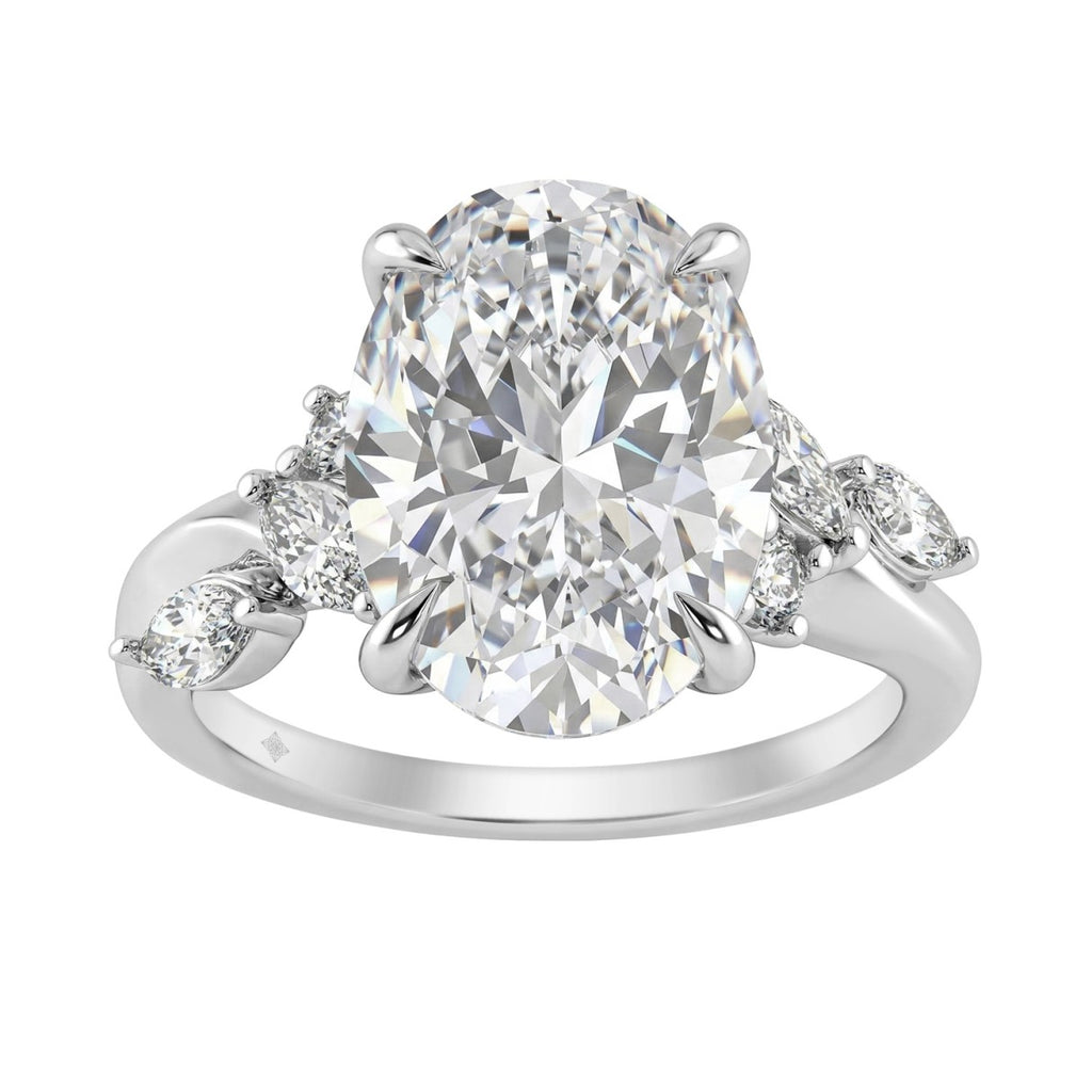 14K White Gold 5 1/2Ct Lab-Grown Diamond Engagement Ring For Women 5Ct Oval Center Stone With Marquise/Round Side Stones, Luxury Bridal Ring (Color F-G -Clarity Vs1/Vs2)