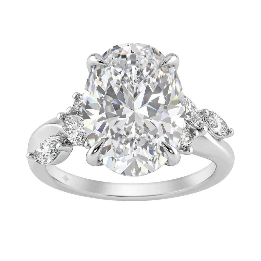 14K White Gold 5 1/2Ct Lab-Grown Diamond Engagement Ring For Women 5Ct Oval Center Stone With Marquise/Round Side Stones, Luxury Bridal Ring (Color F-G -Clarity Vs1/Vs2)